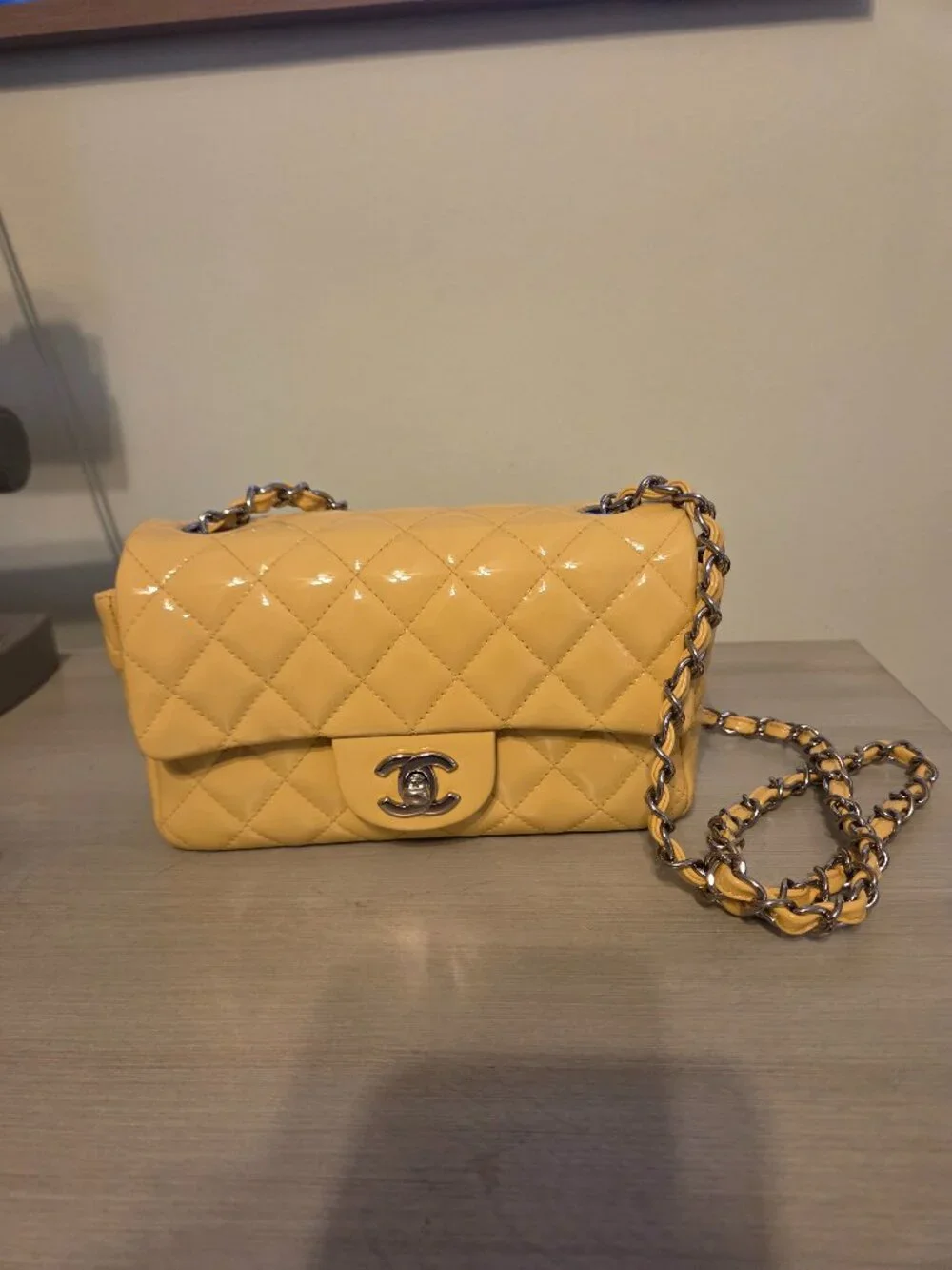 Chanel mini yellow patent leather flap